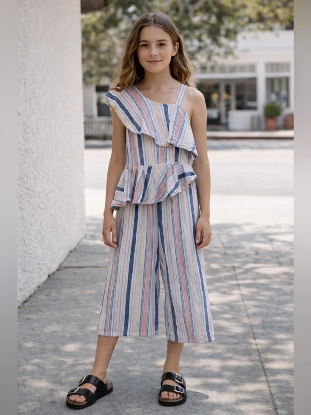 Habitual Girls Striped Jumpsuit Linen Blend Ruffle One Shoulder 10